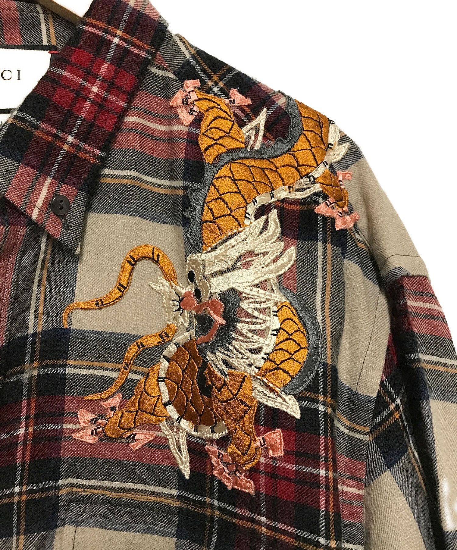 GUCCI (グッチ) ドラゴン刺繍チェックシャツ レッド サイズ:43