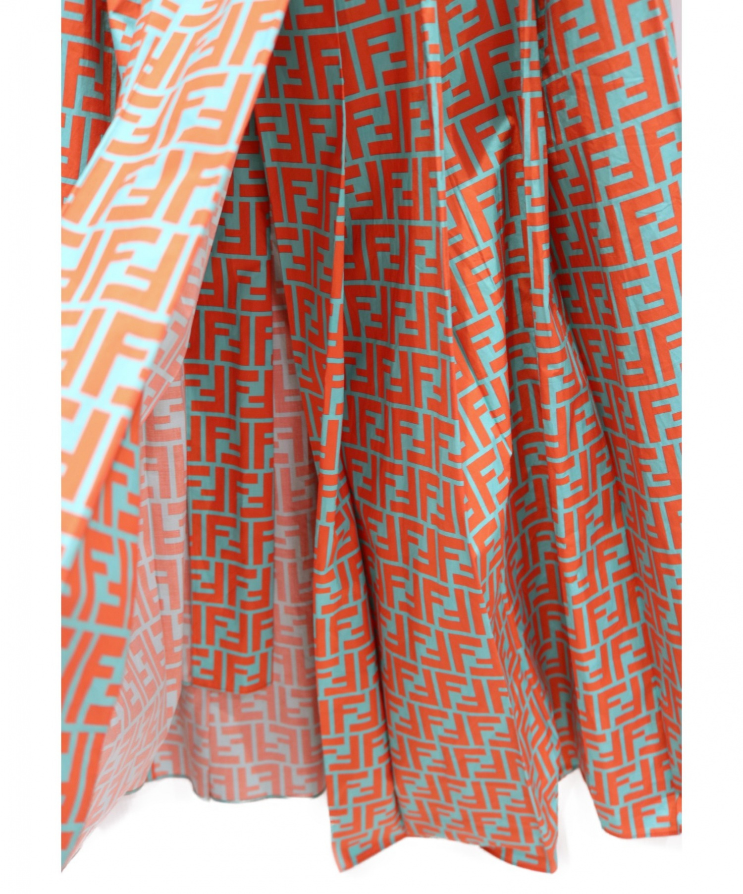 FENDI (フェンディ) Aラインアシメプリーツスカート オレンジ×ブルー サイズ:38 ズッカ柄