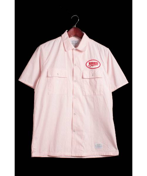 NEIGHBORHOOD (ネイバーフッド) 半袖ワークシャツ ピンク サイズ:MEDIUM CLASSIC WORK  STRIPE/C-SHIRT.SS